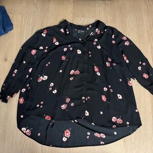 Lane Bryant Black Blouse with Red Floral Design